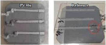 圖六、網印 PV36x 膠料與參考膠料之電池影像，提供膠料與SiNx薄膜黏著特性之參考