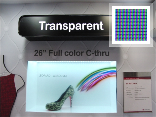 LG展出取名為C-Thru的透明LCD商品櫥窗；右上圖為其Color filter近拍