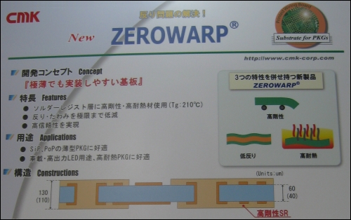ZEROWARP具備三大優勢：高剛性、高耐熱性及低翹曲性，係極薄卻易於裝設的載板。這款產品於SR層使用了高剛性/高耐熱材料，Tg值為210℃，並將翹曲問題減少到最低。相當適用於SiP及PoP薄型PKG