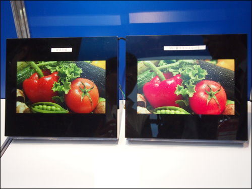 DNP首度發表的量子點彩色濾光片技術；(左)一般、(右)本技術
