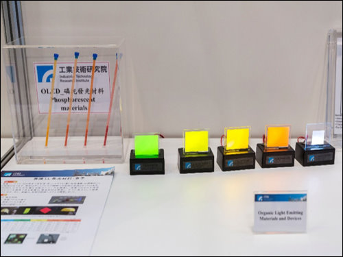 工研院展出的OLED磷光發光材料及光取出材料，涵蓋光色從470nm~600nm，具高發光效率，可應用於蒸鍍或溶液製程，其中綠光、橘光、紅光等材料壽命(LT50@1000 nits)均已超過10萬小時