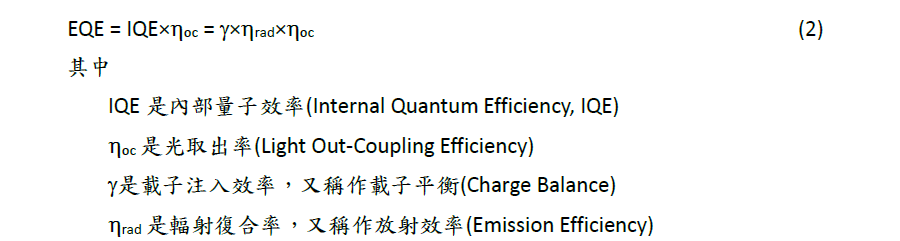 QLED元件的光電效率可以外部量子效率(EQE) (式2)來加以量化