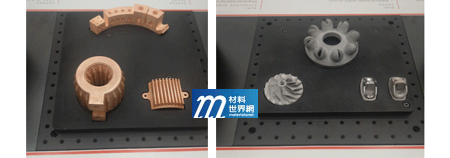 圖二、(左)：銅金屬3D列印成品；(右)：316鋼3D列印成品