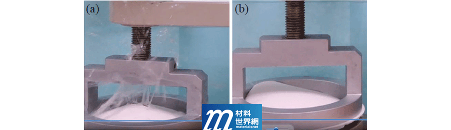 圖七、(a)一般防水塗料在4,500 mmH2O水壓下塗膜破裂；(b)添加奈米纖維素之防水塗料在6,500 mmH2O水壓下膜面仍完整