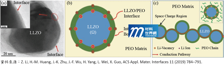 圖二、PEO/Ga-LLZO複合電解質 (a) SEM圖；(b)材料結構示意圖；(c)鋰離子沿空間電荷區域途徑傳輸示意圖