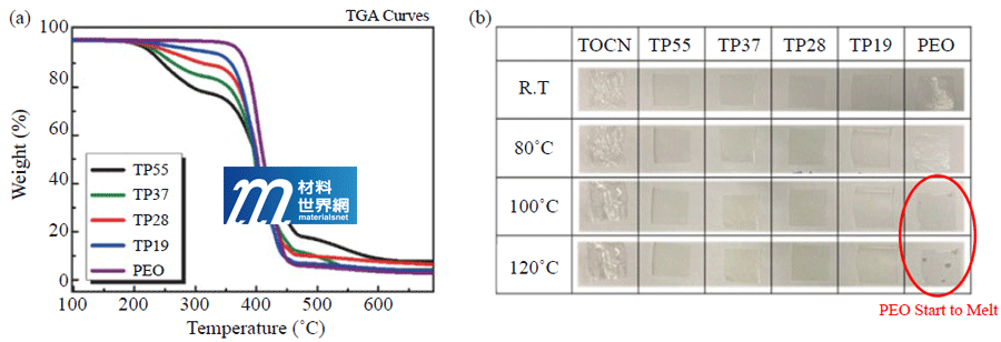 圖二、複合高分子電解質薄膜及PEO高分子之(a) TGA分析；(b)熱尺寸安定之照片