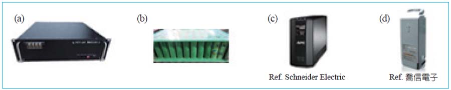 圖三、(a) 車載式 UPS ( D12V → AC220V )；(b) 電動機車之電池模組；(c) UPS 儲能系統；(d) 電動自行車之電池模組